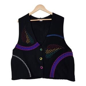 Vintage Coloratura Wool Mohair Vest L Black Paisley Applique Wearable Art Boho